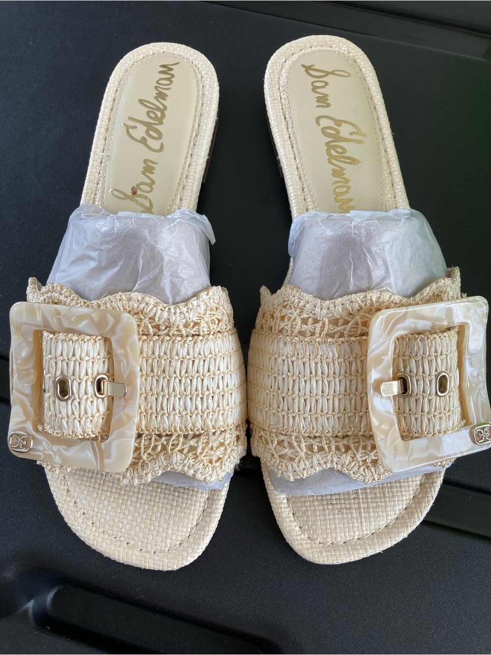 Sam Edelman Cream Woven Slide Mules with Decorative Buckle